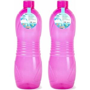 Plasticforte Drinkfles/waterfles/bidon - 2x - 1500 ml - transparant/roze - kunststof