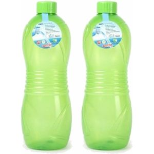 Drinkfles/waterfles/bidon - 2x - 1000 ml - transparant/groen - kunststof - Drinkflessen