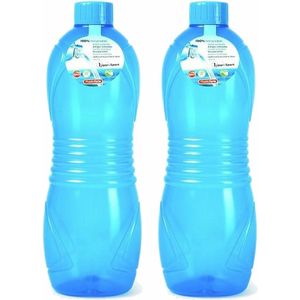 Plasticforte Drinkfles/Waterfles/Bidon - 2x - 1000 ml - Transparant/Blauw - Kunststof
