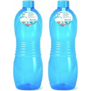 Plasticforte Drinkfles/Waterfles/Bidon - 2x - 1000 ml - Transparant/Blauw - Kunststof