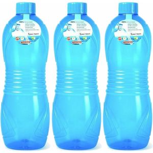 Drinkfles/waterfles/bidon - 3x - 1000 ml - transparant/blauw - kunststof