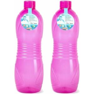 Plasticforte Drinkfles/waterfles/bidon - 2x - 1000 ml - transparant/roze - kunststof