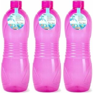 Plasticforte Drinkfles/waterfles/bidon - 3x - 1000 ml - transparant/roze - kunststof