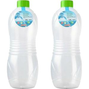 Drinkfles/waterfles/bidon - 2x stuks - 1500 ml - transparant/groene dop - kunststof - Drinkflessen