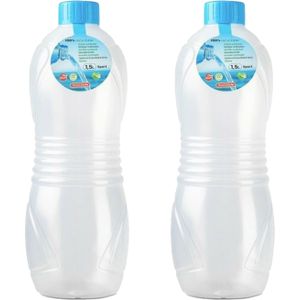 Plasticforte Drinkfles/waterfles/bidon - 2x stuks - 1500 ml - transparant/blauw - kunststof