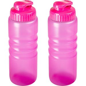 Drinkfles/waterfles/bidon met druksluiting - 2x stuks - 650 ml - transparant/roze - kunststof - Drinkflessen