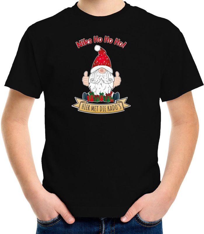 Bellatio Decorations kerst t-shirt voor kinderen - Kado Gnoom - zwart - Kerst kabouter