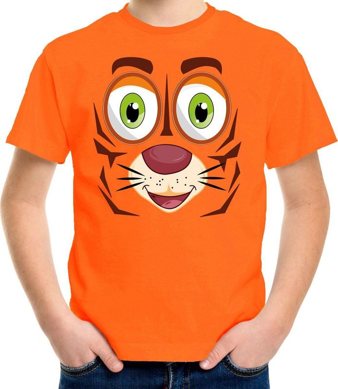 Bellatio Decorations - Dieren Verkleed T-shirt - Oranje - Tijger Gezicht - Kinderen