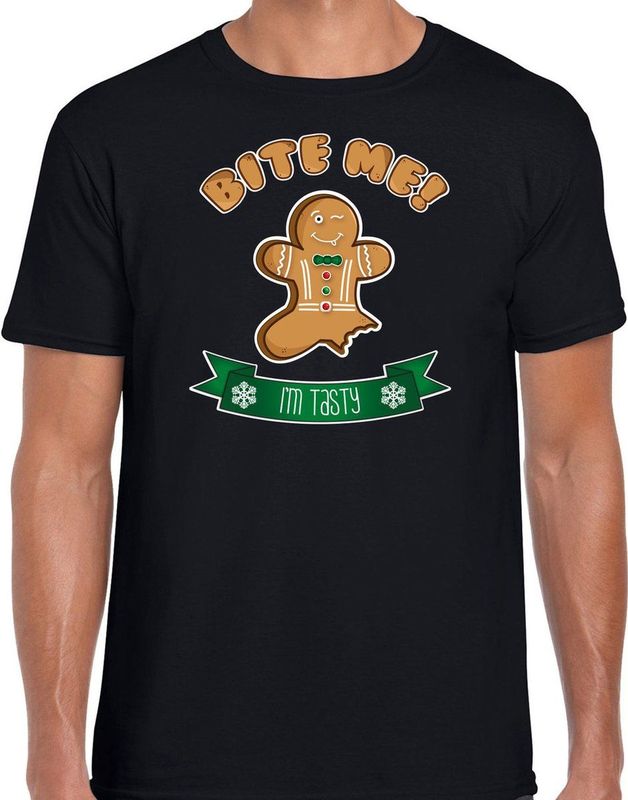 Bellatio Decorations fout kersttrui t-shirt heren - Gingerbread koekemannetje - zwart - Bite Me