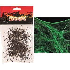 Decoratie spinnenweb/spinrag met spinnen - 100 gram - glow in the dark - Halloween/horror versiering