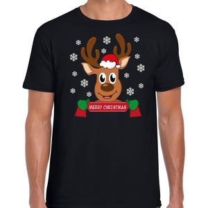 Bellatio Decorations fout kersttrui t-shirt heren - Rendier - zwart - Merry Christmas