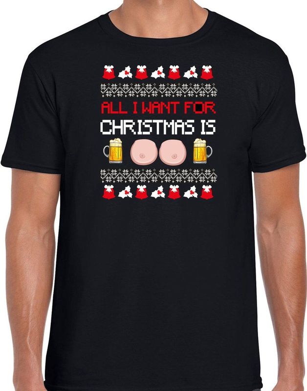 Bellatio Decorations Fout kersttrui t-shirt voor heren - Bier en tieten - zwart - drank borsten