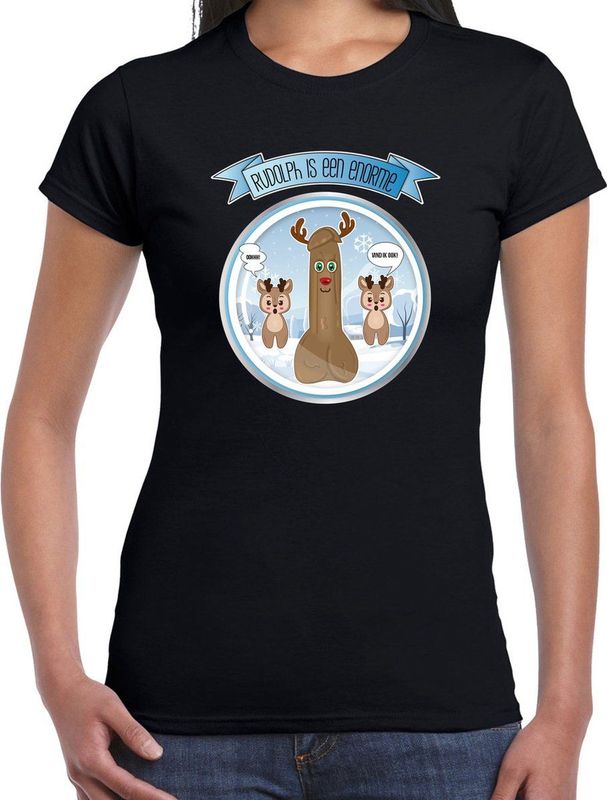 Bellatio Decorations fout Kerst t-shirt dames - Rudolf - zwart - piemel penis