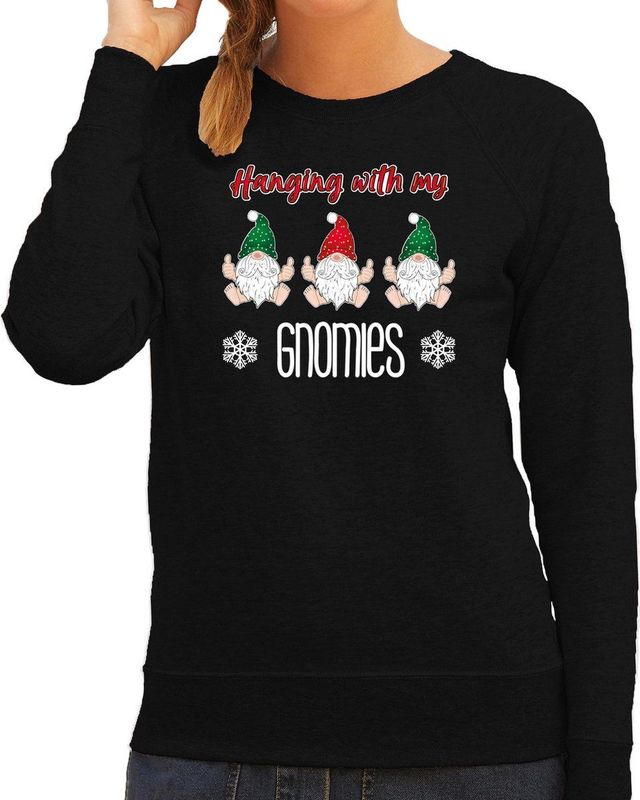 Bellatio Decorations foute kersttrui/sweater dames - Kerst kabouter/gnoom - zwart - Gnomies
