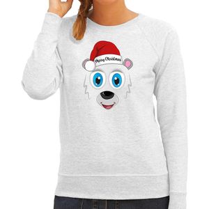 Bellatio Decorations foute kersttrui/sweater dames - IJsbeer gezicht - lichtgrijs - Merry Christmas XL