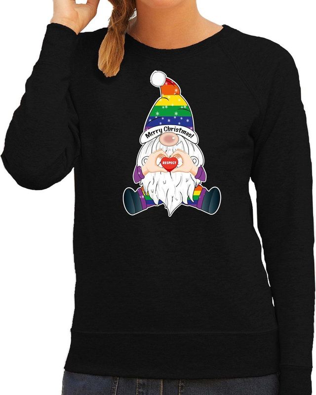 Foute Kersttrui/sweater voor dames - Pride Gnoom - zwart - LHBTI/LGBTQ kabouter - kerst truien
