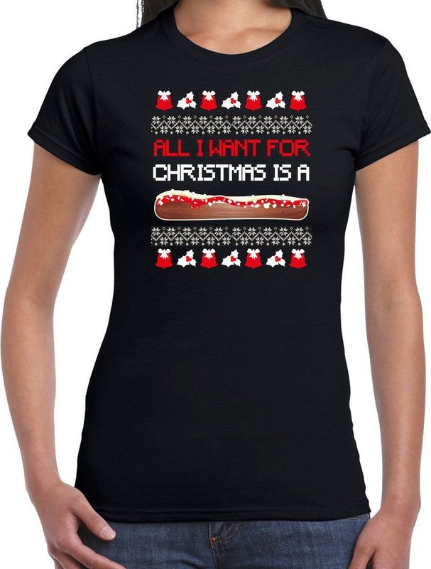 Bellatio Decorations fout kersttrui t-shirt dames - Frikandel speciaal - zwart - Frituur snack