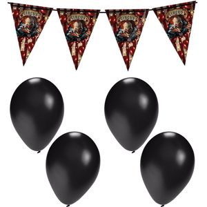 Halloween/horror thema vlaggenlijn - horrorclown circus - 400 cm - incl. 10x ballonnen zwart