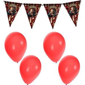 Halloween/horror thema vlaggenlijn - horrorclown circus - 400 cm - incl. 10x ballonnen rood
