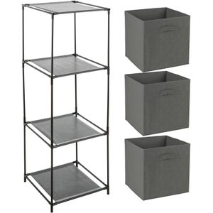 Opbergrek 3-laags - metaal - kunststof - zwart - 34 x 98 cm - incl. 3 opbergmanden donker grijs