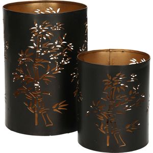 Windlichten set Boom - 2x - zwart/goud - metaal - 10/15 cm - kaarsenhouder/theelichthouder/waxinelichthouder
