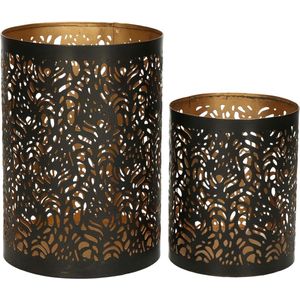 Windlichten set - 2x - zwart/goud - metaal - 10/15 cm - kaarsenhouder/theelichthouder/waxinelichthouder