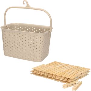 Wasknijpersmandje met ophanghaak - beige - en 60x houten wasknijpers 7 cm - was ophangen
