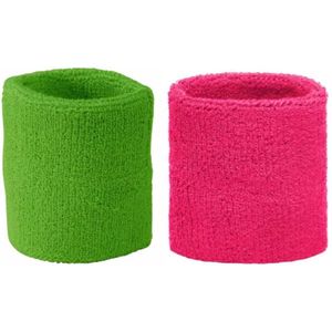 Myrtle Beach Eighties feest thema kleuren zweetbandjes - lime groen en fuchsia roze - Zweetbanden