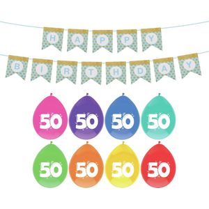 Verjaardag 50 jaar geworden versiering - 16x thema ballonnen - 1x Happy Birthday slinger 300 cm