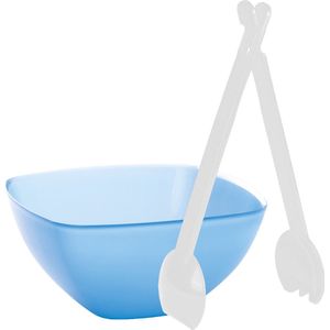 Serveerschaal/slakom - blauw - kunststof - 22,5 cm - met sla bestek/couvert