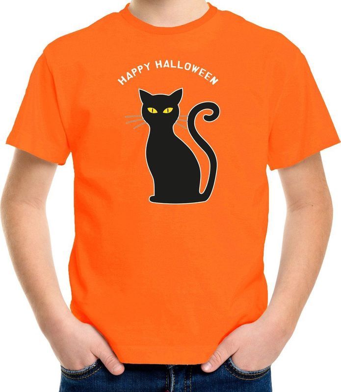 Bellatio Decorations - Halloween Verkleed T-shirt - Oranje - Kinderen - Zwarte Kat