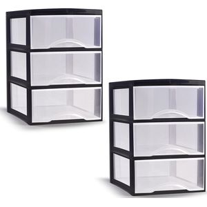 Plasticforte ladeblokje/bureau organizer - 2x - 3 lades - transparant/zwart - L18 x B25 x H25 cm