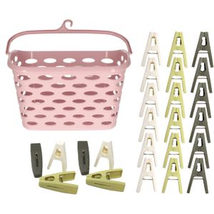 Wasknijpers ophangmandje met haak - roze - en 80x gekleurde wasknijpers van 6 cm - was ophangen