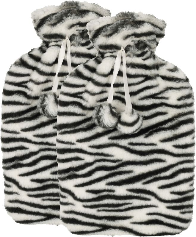 Warmwaterkruik - 2x - met zachte dierenprint hoes - wit/zwart - 1,75L - kruik - Kruiken