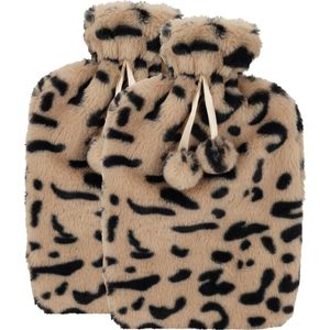 Warmwaterkruik - 2x - met zachte dierenprint hoes - oranje/zwart - 1,75L - kruik - Kruiken