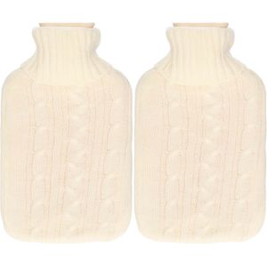 H&S Collection Warmwaterkruik - 2x - met zacht gebreide hoes - warm wit - 1,75L - kruik
