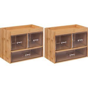 5Five sieraden/make-up organizer - 2x stuks - 3 lades - 24 x 20 cm - rechthoek - bamboe/kunststof