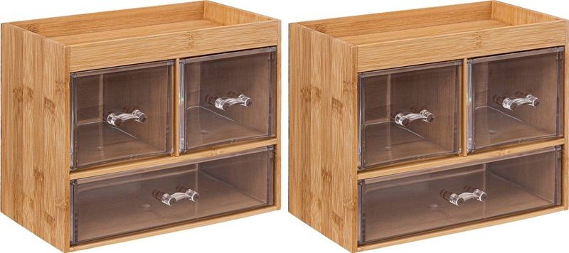 5Five sieraden/make-up organizer - 2x stuks - 3 lades - 24 x 20 cm - rechthoek - bamboe/kunststof