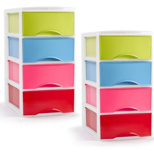 PlasticForte ladeblokje/bureau organizer - 2x - 4 lades - multi kleuren - L26 x B36 x H49 cm