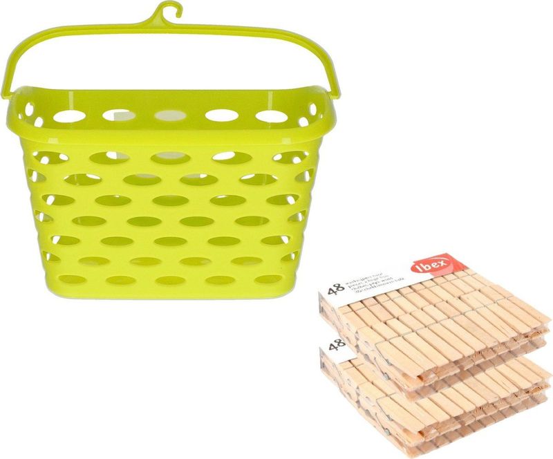 Wasknijpers ophangmandje met haak - groen - en 96x houten wasknijpers van Sorbo - was ophangen