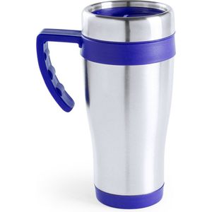 Warmhoudbeker/thermos isoleer koffiebeker/mok - RVS - zilver/blauw - 450 ml - Reisbeker