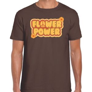 Bellatio Decorations hippie t-shirt voor heren - flower power - vintage - bruin - jaren 60 themafeest XL