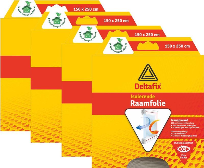 Deltafix Raam isolatiefolie - 4x - transparant - 150 x 250 cm - incl. bevestigingstape - energiebesparend