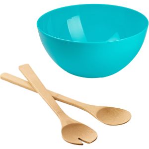 Salade/fruit serveer schaal - blauw - kunststof - Dia 28 cm - met bamboe Sla couvert/bestek van 30 cm