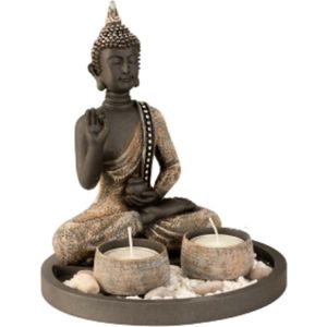 Boeddha - Beeldje - Goud/Grijs - Kaarshouders - Schaal - 18 x 21 cm