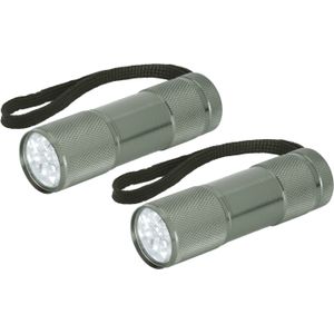 Compacte LED kinder zaklamp - 2x - aluminium - grijs - 9 cm - Uitdeelcadeau/leeslampje