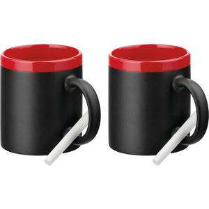 Luxe krijt koffiemok/beker - 2x - rood/zwart - keramiek - met krijt te beschrijven - 350 ml - Eigen naam