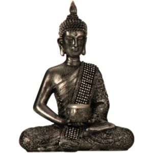 Boeddha - Decoratie Beeldje - Zilver - Kunststeen - Met Kaarshouder