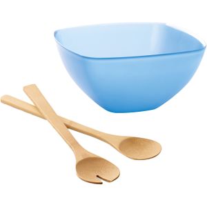 Serveerschaal/slakom met bamboe sla bestek - blauw - 2,75 liter - kunststof - D22,5 x H9,5 cm