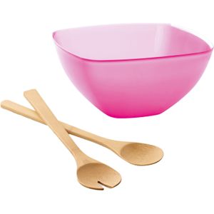 Serveerschaal/slakom met bamboe sla bestek - fuchsia roze - 2,75 liter - kunststof - D22,5 x H9,5 cm
